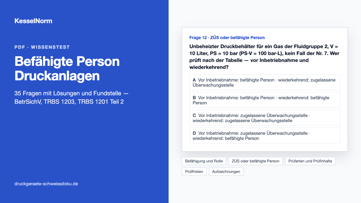 Vorschau: Wissenstest befähigte Person Druckanlagen – Fragen und Lösungen (PDF)